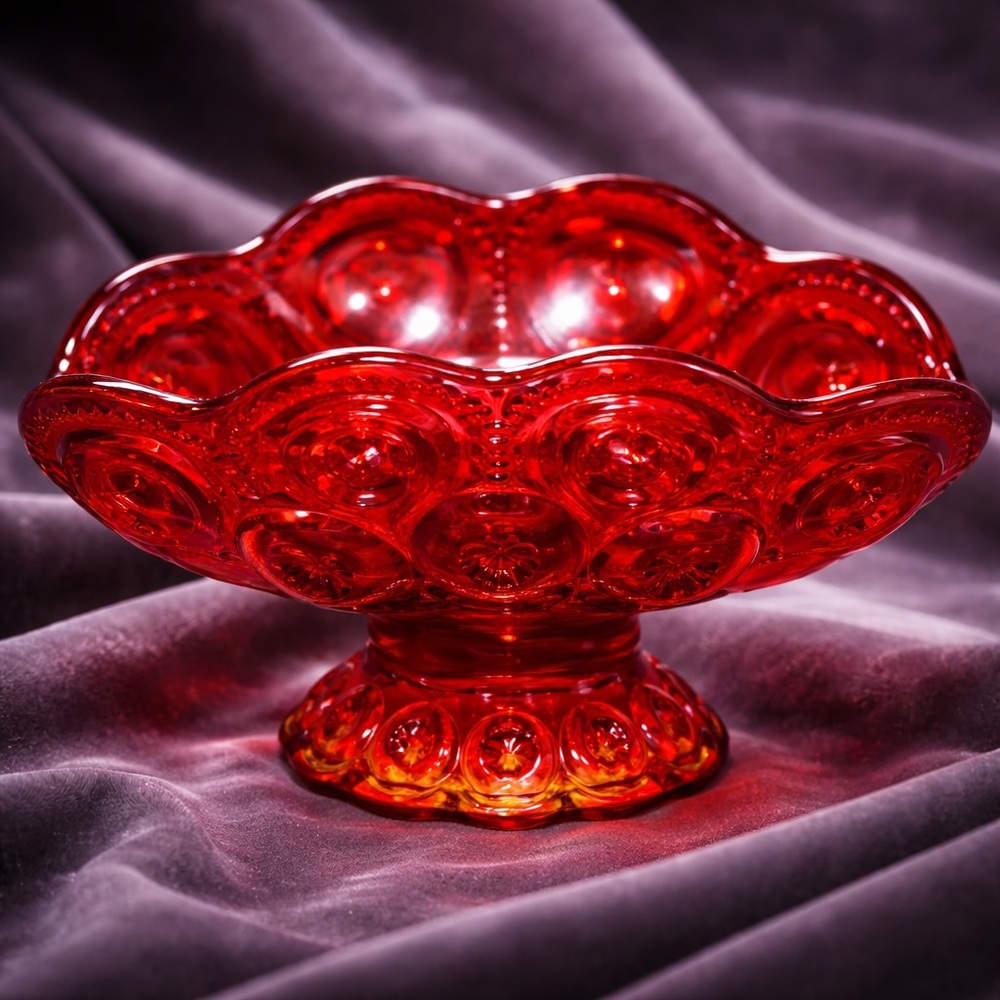 Vintage Smith Moon & Stars Glass Banana Boat Napkin Fruit Bowl Amberina Red
